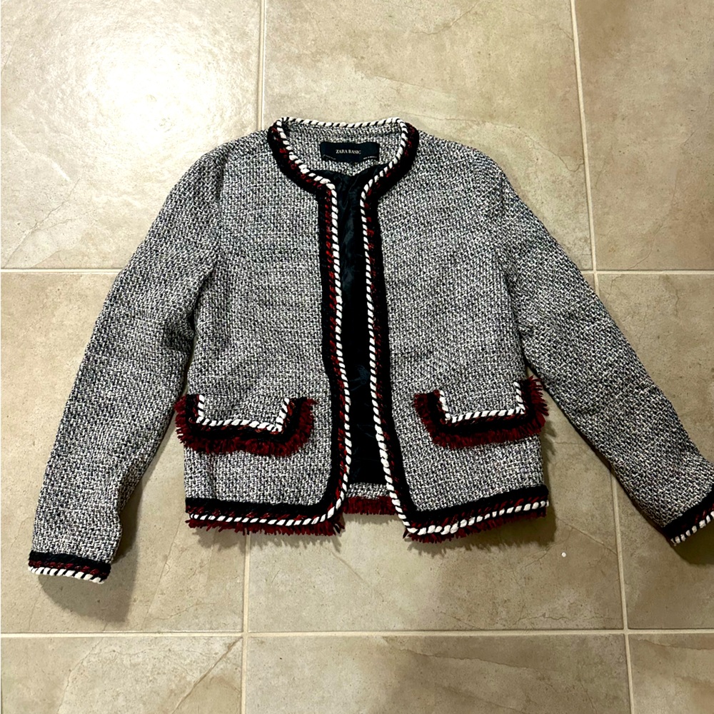 Zara tweed black white and red blazer